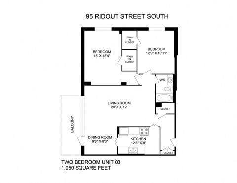Floor plan for 2 beds, 1 bath, 1106 sqft